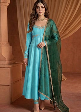 Sky Blue Silk Zari Sequins Embroidered Anarkali Suit