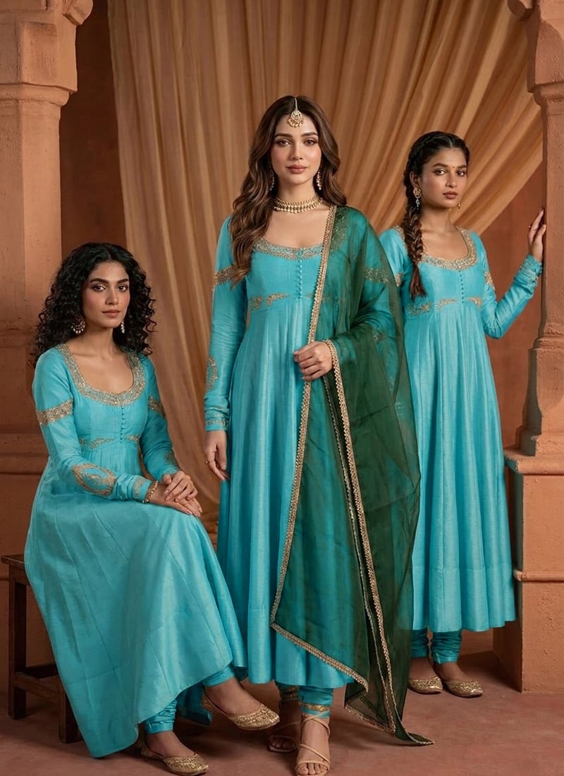 Sky Blue Silk Zari Sequins Embroidered Anarkali Suit Festive Wear