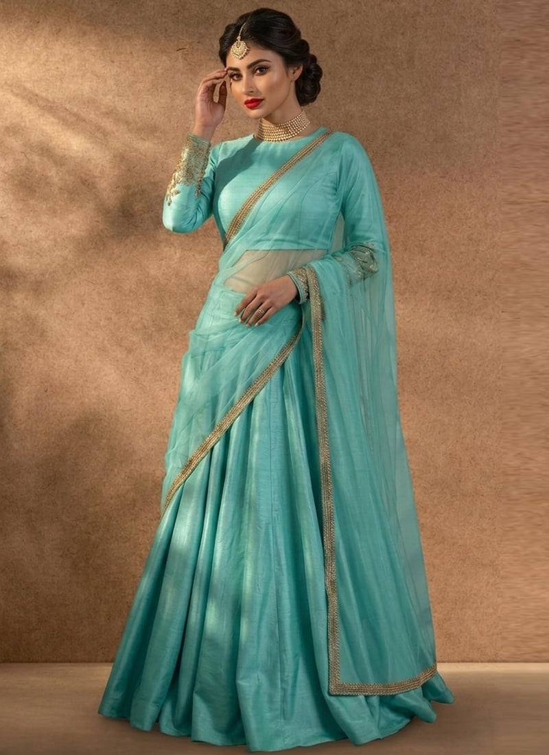Sky Blue Silk Zari Sequins Embroidered Lehenga Wedding Wear