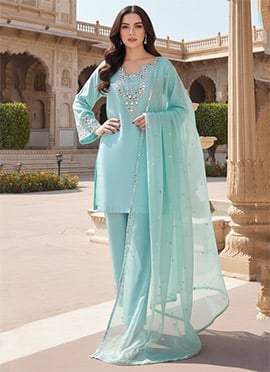 Sky Blue Silk Zari Sequins With Mirror Work Straight Pant Suit