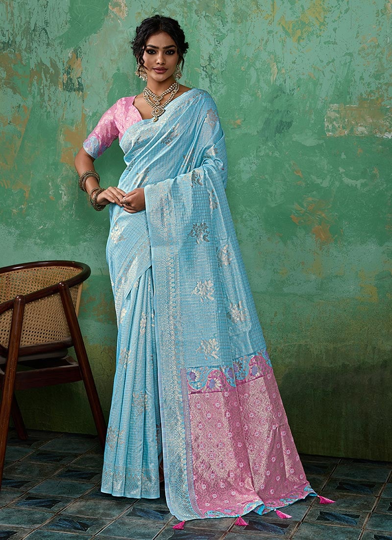 Sky Blue Silk Zari Woven Saree  Festive Wear