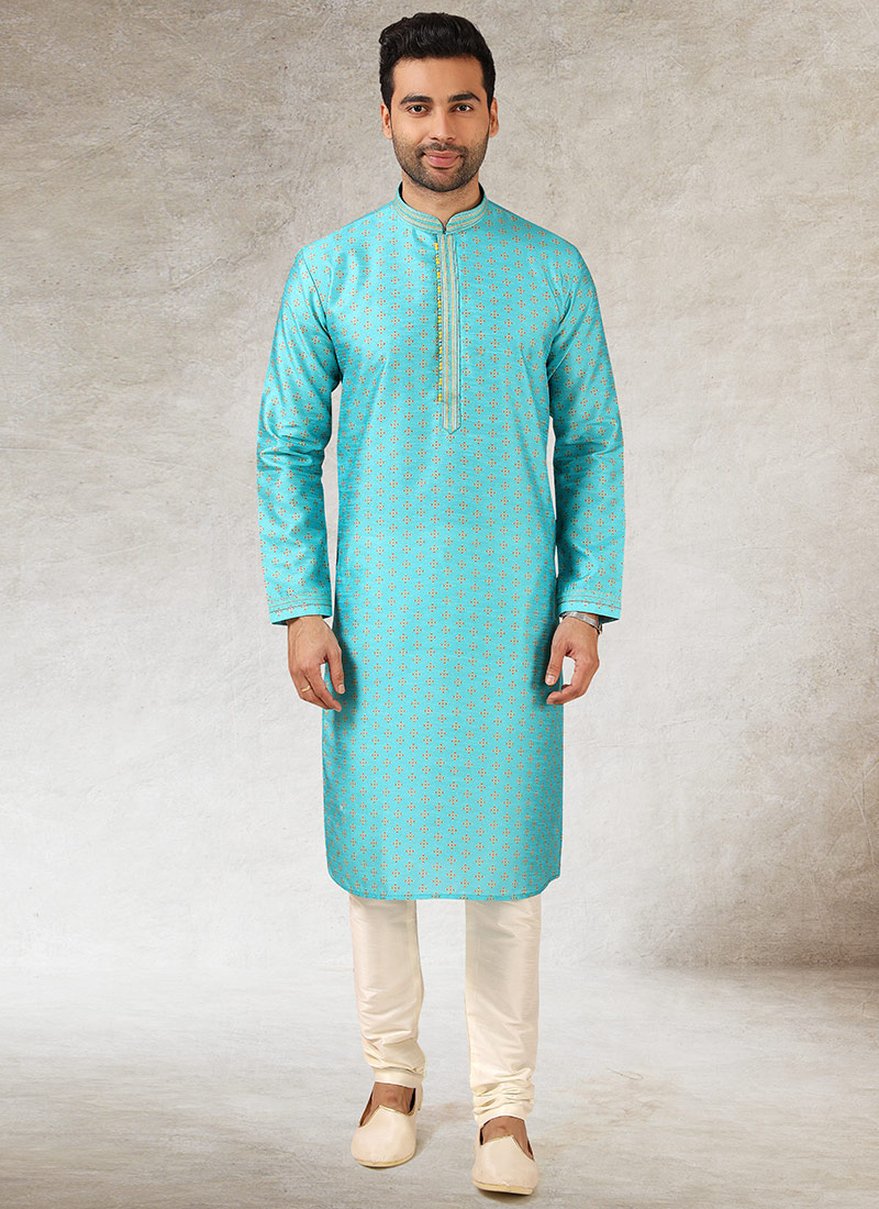 Sky Blue Soft Art Silk Printed Kurta Pyjama Party Wear