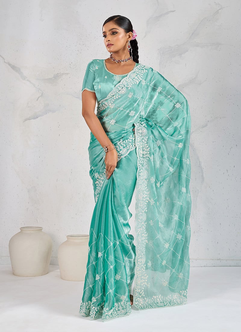 Sky Blue Soft Burberry Silk Embroidered Sequins Saree Festive Wear