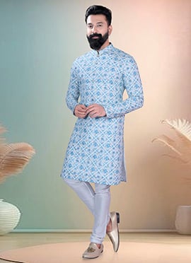Sky Blue Soft Cotton Thread Embroidered Sequins Printed Kurta Pyjama