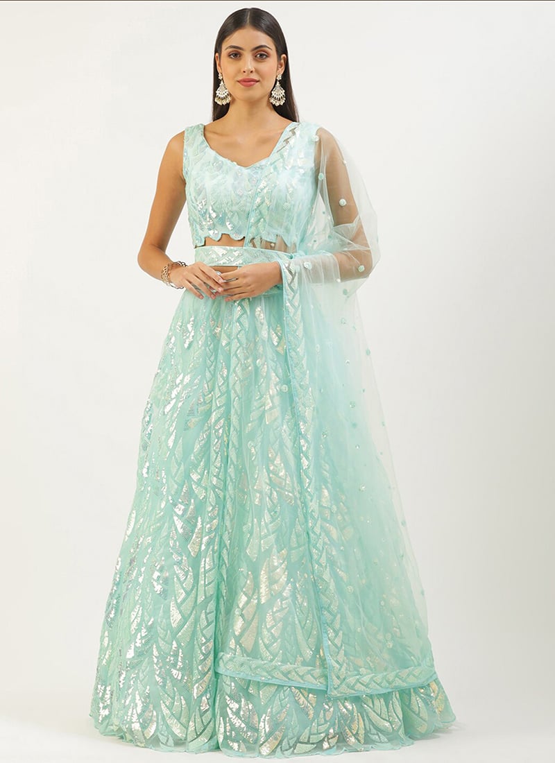 Sky Blue Soft Net Embroidered Sequins Elegant Lehenga Wedding Wear