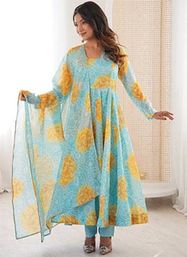 Sky Blue Soft Organza Printed Anarkali Suit
