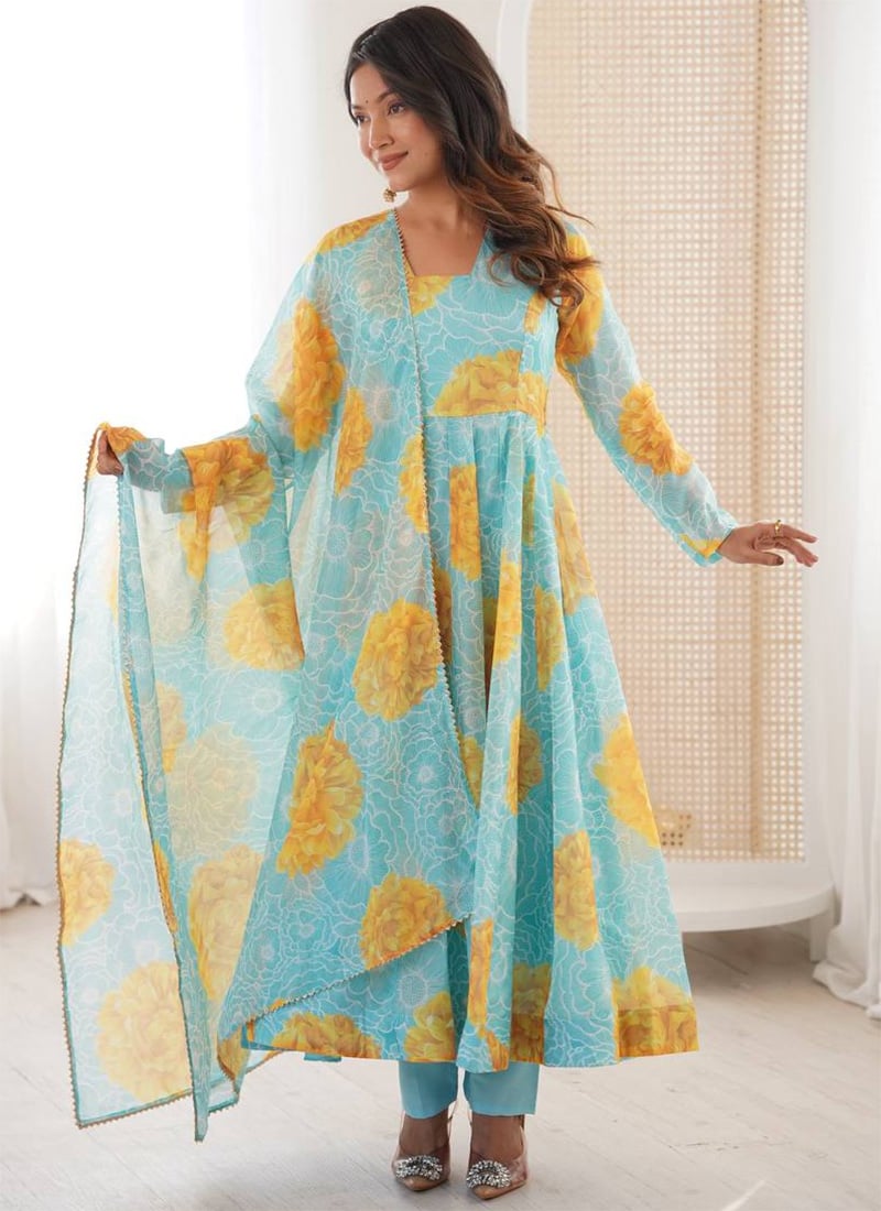 Sky Blue Soft Organza Printed Anarkali Suit After Six Wear