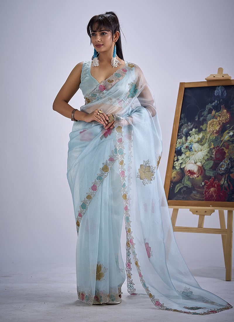 Sky Blue Soft Organza Tissue Tikki Work Saree After Six Wear