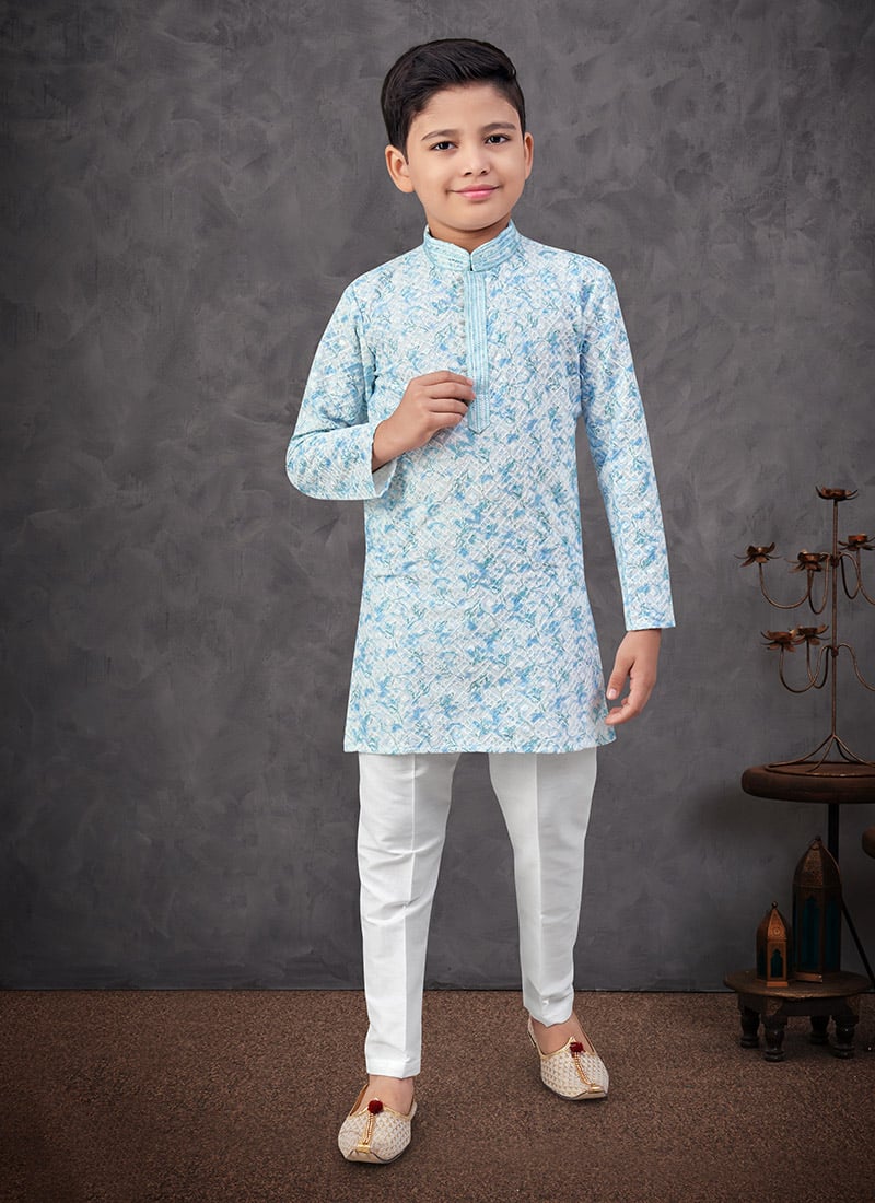 Sky Blue Soft Rayon Printed And Embroidered Boys Kurta Pyjama Festive Wear