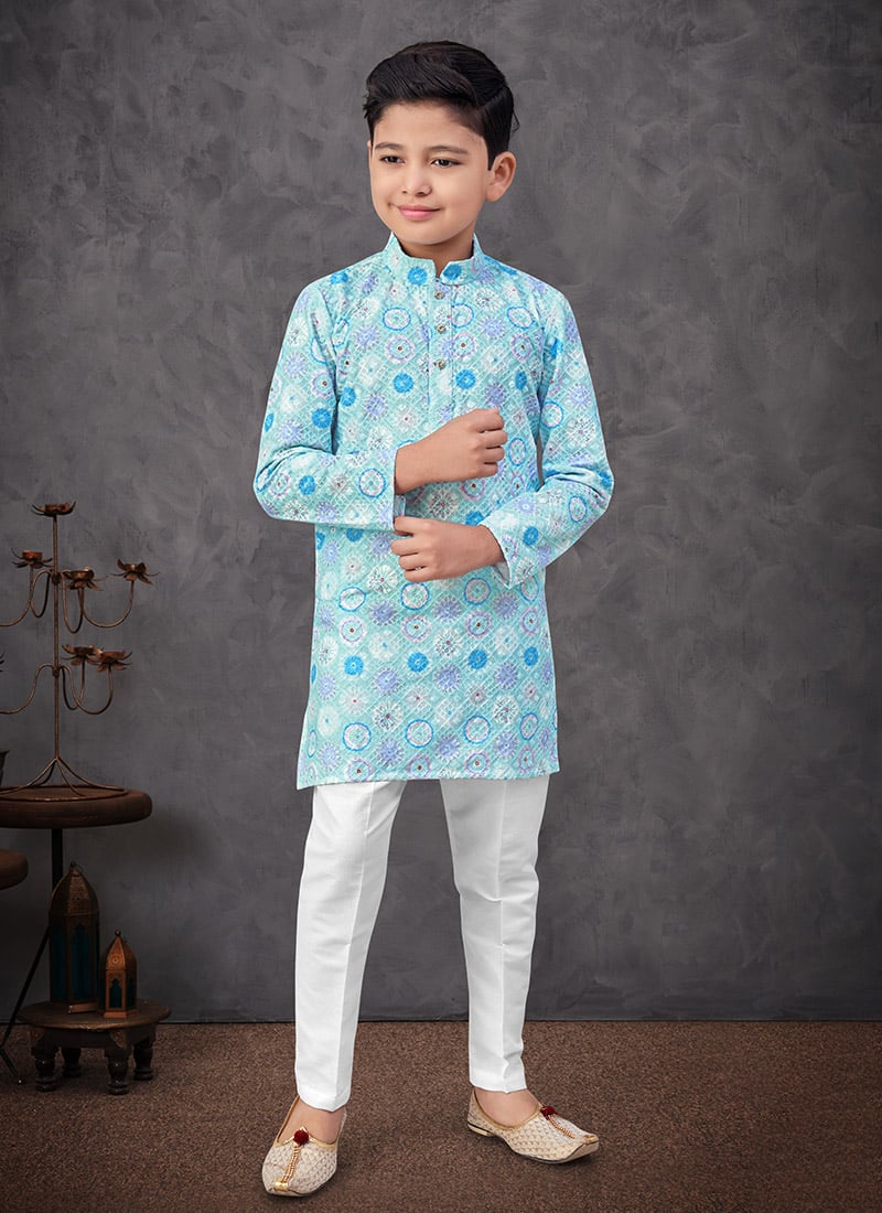 Sky Blue Soft Rayon Printed And Embroidered Boys Kurta Pyjama Festive Wear