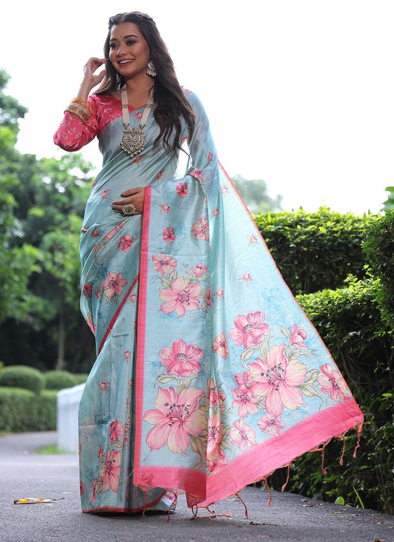 Sky Blue Soft Tussar Silk Floral Digital Print Saree Festive Wear