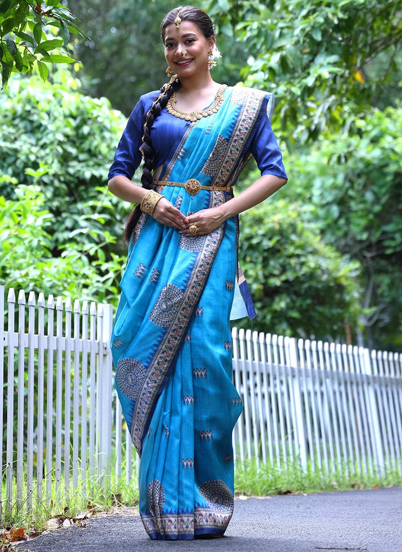 Sky Blue Soft Tussar silk Printed Saree Festive Wear