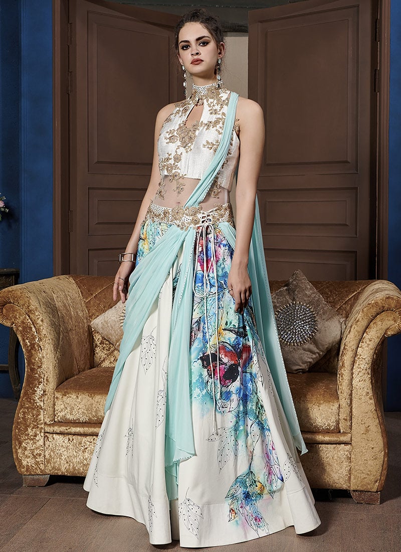 Sky Blue Spandex Natural Silk Digital Print Drape Gown
