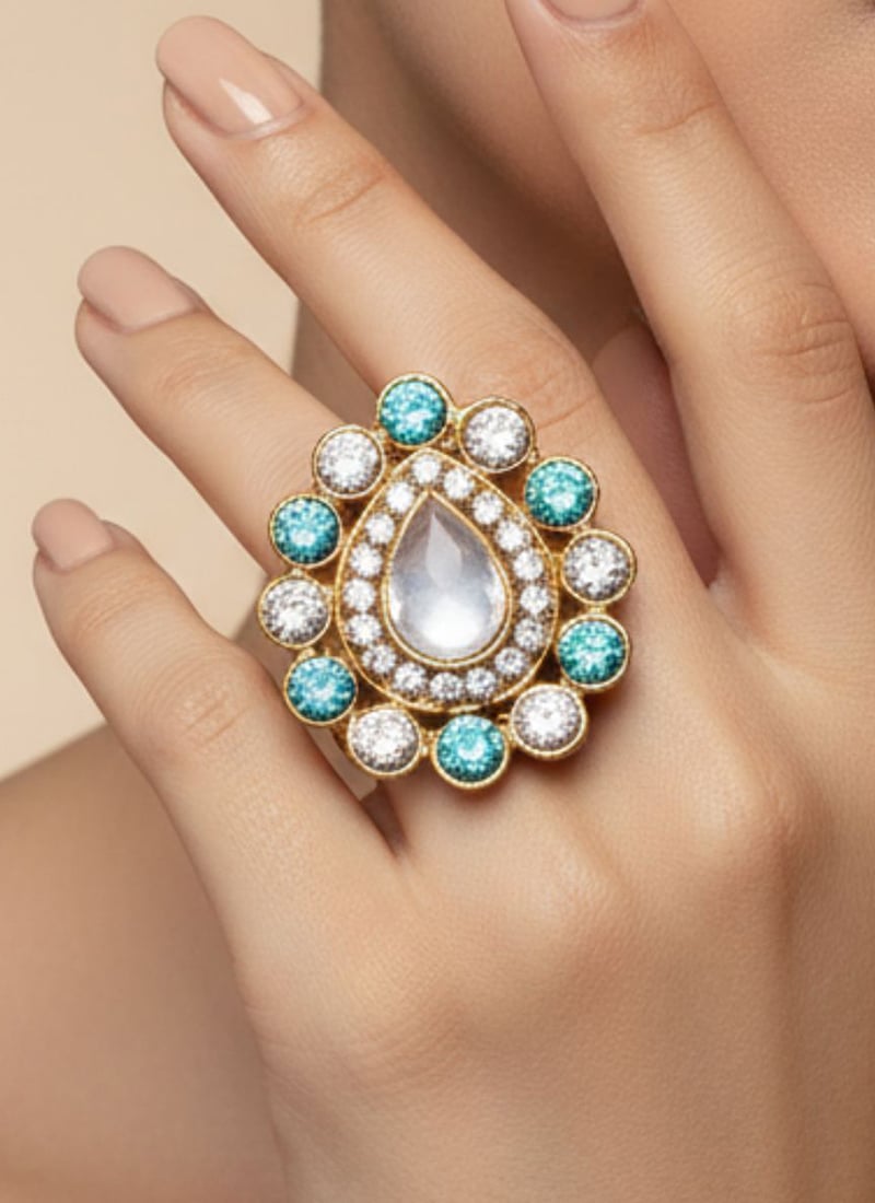 Sky Blue Stones Kundan Ring Festive Wear