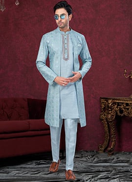 Sky Blue Super Silk Embroidered Sequins Indowestern Sherwani