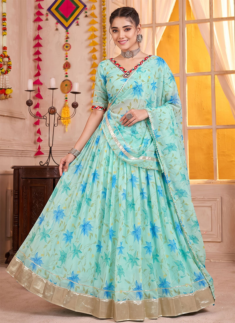 Sky Blue Tabby Silk Floral Printed Mirror Gota Work Lehenga Festive Wear