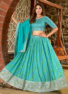 Sky Blue Tabby Silk Leheriya Print Sequins Embroidered Lehenga