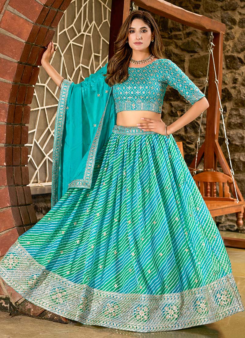 Sky Blue Tabby Silk Lehetiya Print  Sequins Embroidered Lehenga  Wedding Wear
