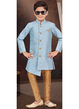 Sky Blue Thread Sequins Kids Boys Indowestern Sherwani