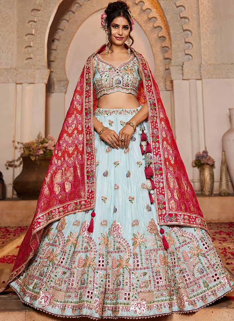 Sky Blue Tissue Embroidered Sequins With Moti And Mirror Work Lehenga Wedding Wear