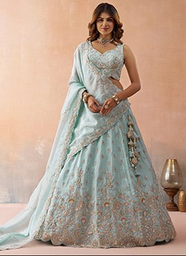 Sky Blue Tissue Embroidered Sequins Zari Beads Work Lehenga