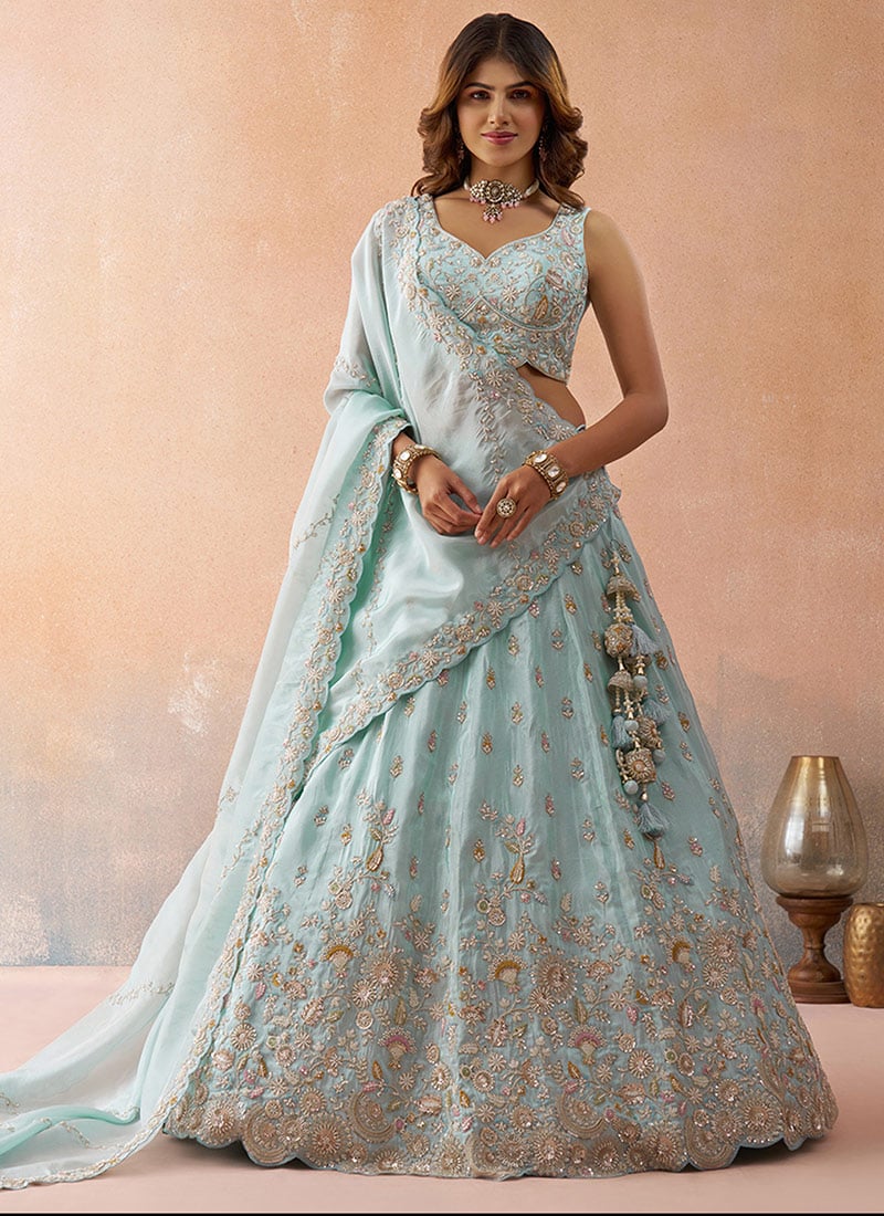 Sky Blue Tissue Embroidered Sequins Zari Beads Work Lehenga Wedding Wear