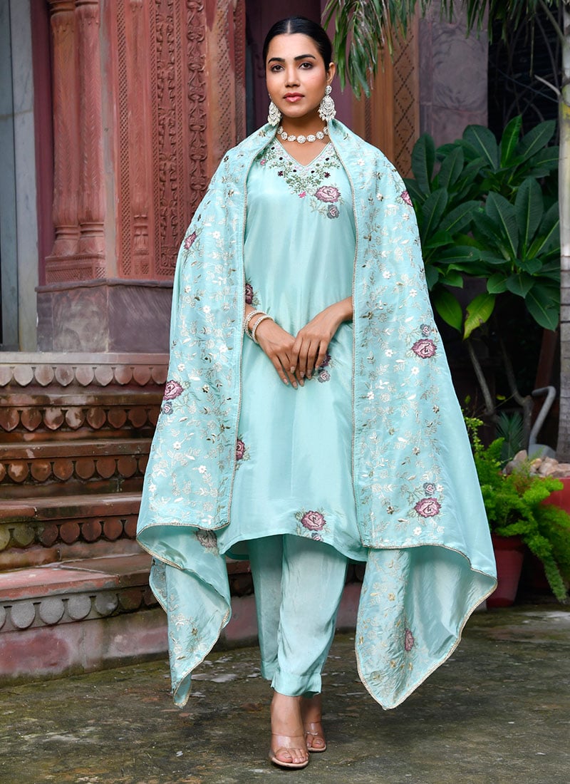 Sky Blue Tissue Floral Print Embroidered Sequins Straight Pant Suit