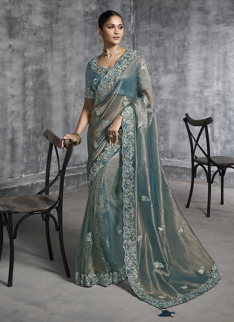 Sky Blue Tissue Silk Resham Sequins Embroidered Stones Beads Zari Saree Wedding Wear