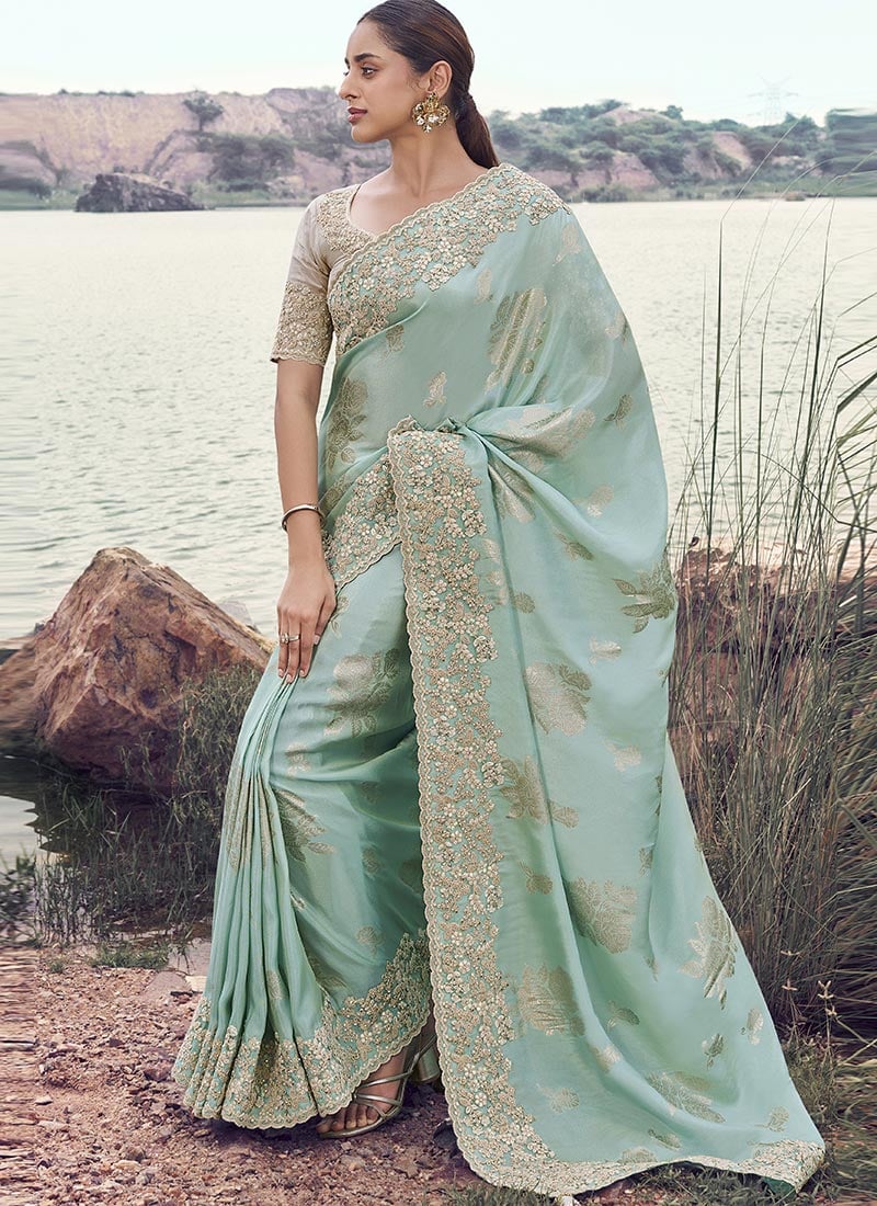 Sky Blue Tissue Silk Sequins Embroidered Stones Jacquard Thread Saree Festive Wear