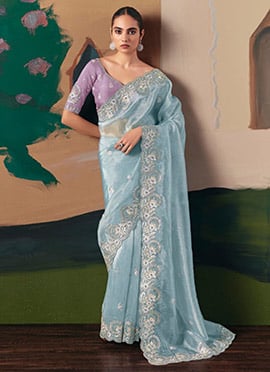 Sky Blue Tissue Silk Zari Embroidered Sequins Saree