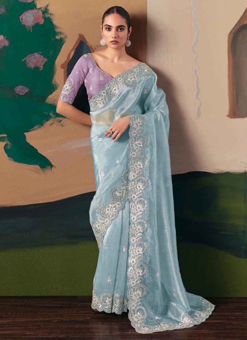 Sky Blue Tissue Silk Zari Embroidered Sequins Saree Festive Wear