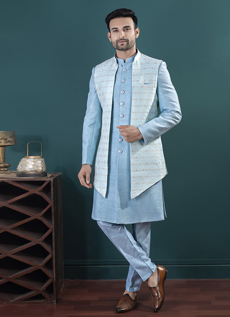 Sky Blue Tussar Silk Embroidered Sequins Indowestern Sherwani Wedding Wear
