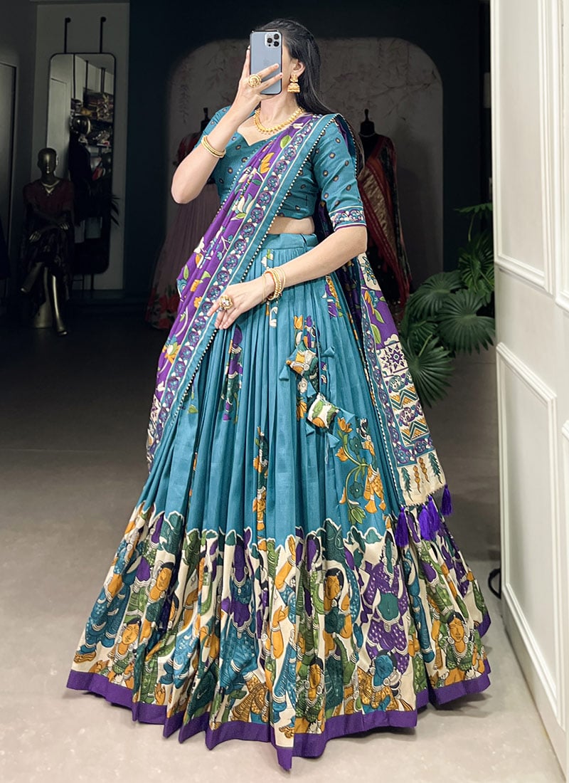 Sky Blue Tussar Silk Kalamkari Print Lehenga Festive Wear