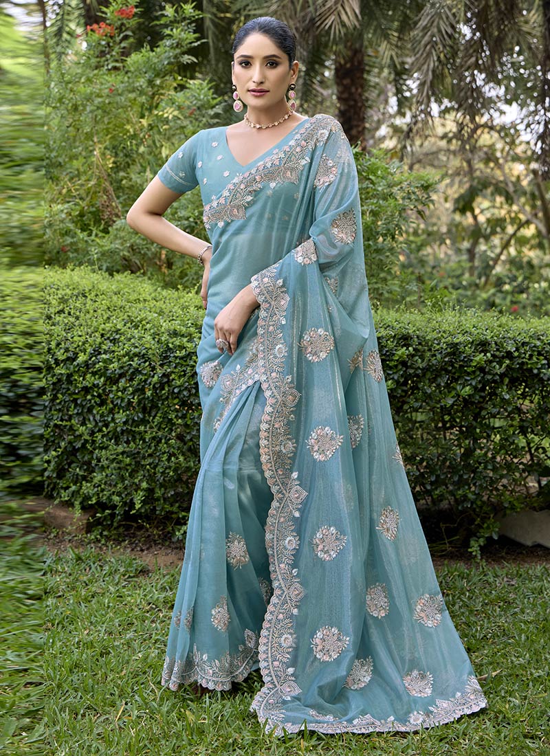 Sky Blue Twill Net Zari Embroidered Stone Work Saree Festive Wear