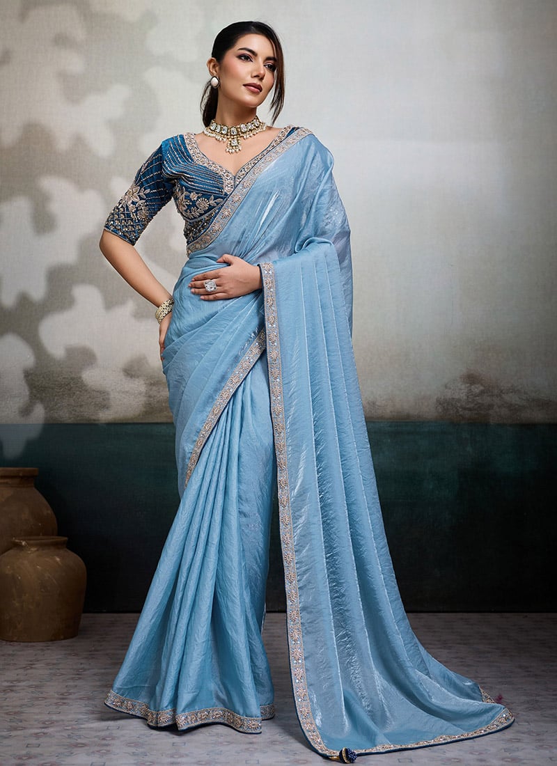 Sky Blue Velvet Satin Silk Zari Embroidered Sequins With Beads Work Saree Wedding Wear