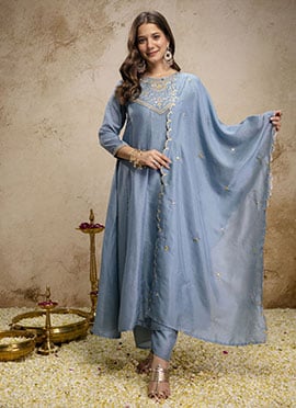 Sky Blue Vichitra Silk Embroidered Anarkali Suit