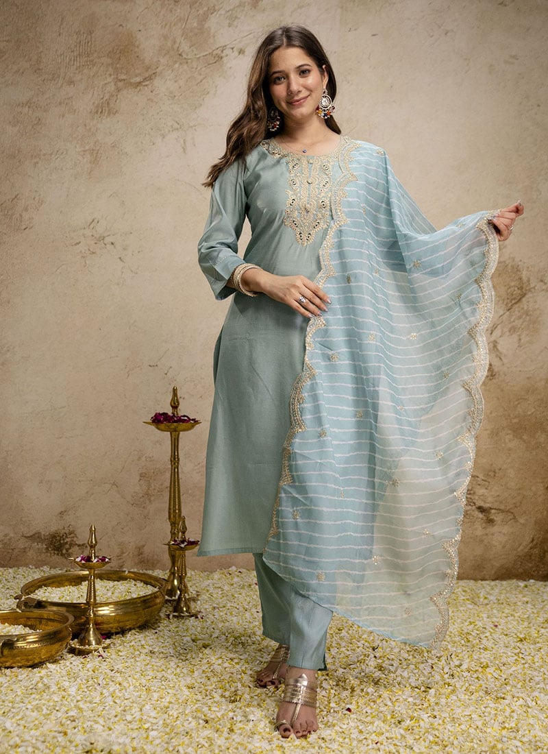 Sky Blue Vichitra Silk Embroidered Straight Pant Suit Festive Wear