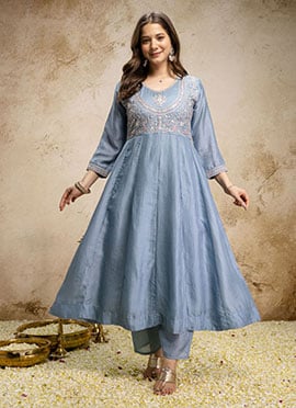 Sky Blue Vichitra Silk Embroidered Straight Pant Suit