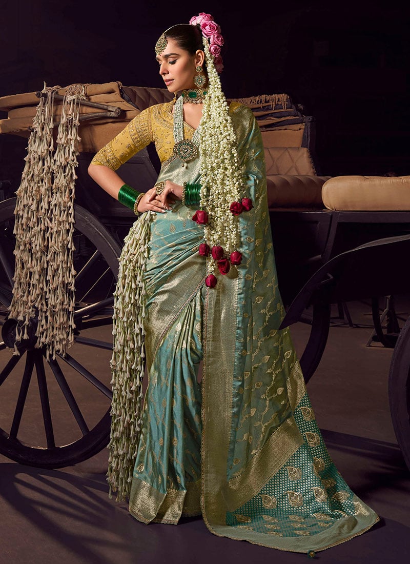 Sky Blue Viscose Crepe Zari Hand Embroidered Sequins With Beads Work Saree Wedding Wear