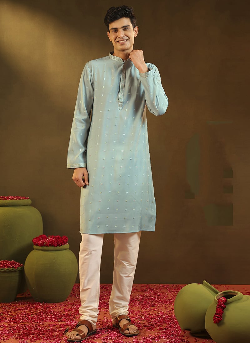 Sky Blue Viscose Embroidered Kurta Pyjama For Men Festive Wear