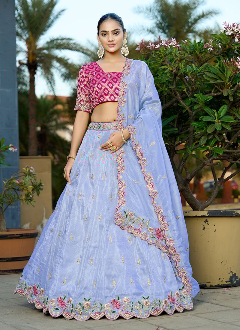 Sky Blue Viscose Embroidered Zari Umbrella Lehenga