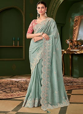 Sky Blue Viscose Georgette Zari Embroidered Sequins Saree