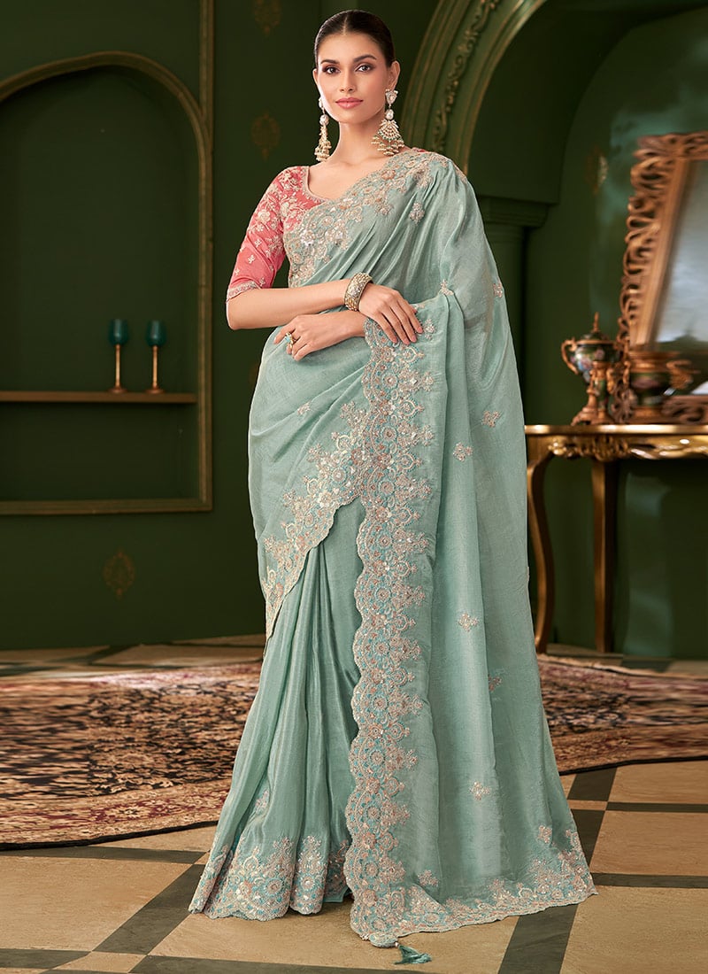 Sky Blue Viscose Georgette Zari Embroidered Sequins Saree Wedding Wear