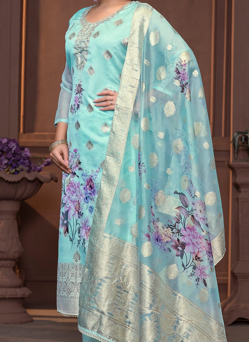 Blue Organza Pant Salwar Suit