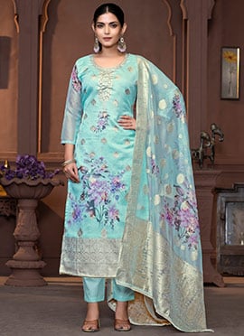 Sky Blue Viscose Organza Banarasi Digital Print Straight Pant Suit