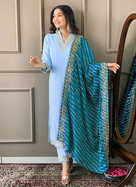 Sky Blue Viscose Silk Embroidered Sequins Gorgeous Straight Pant Suit