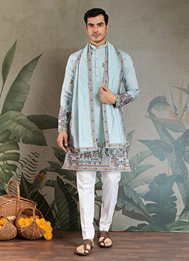 Sky Blue Viscose Silk Embroidered Sequins Kurta