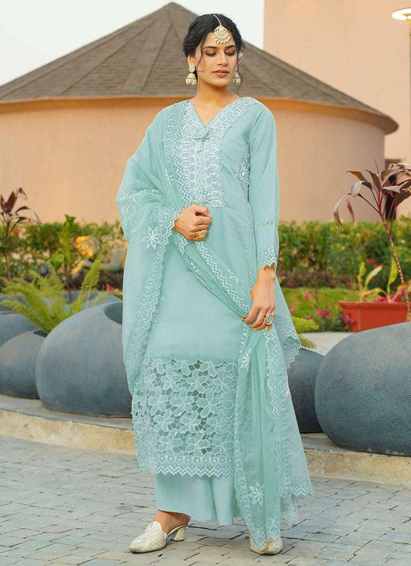 Sky Blue Viscose Silk Schiffli Work Sequins Beads Palazzo Suit Festive Wear