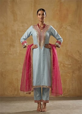 Sky Blue Zari Embroidered Satin Straight Pant Suit