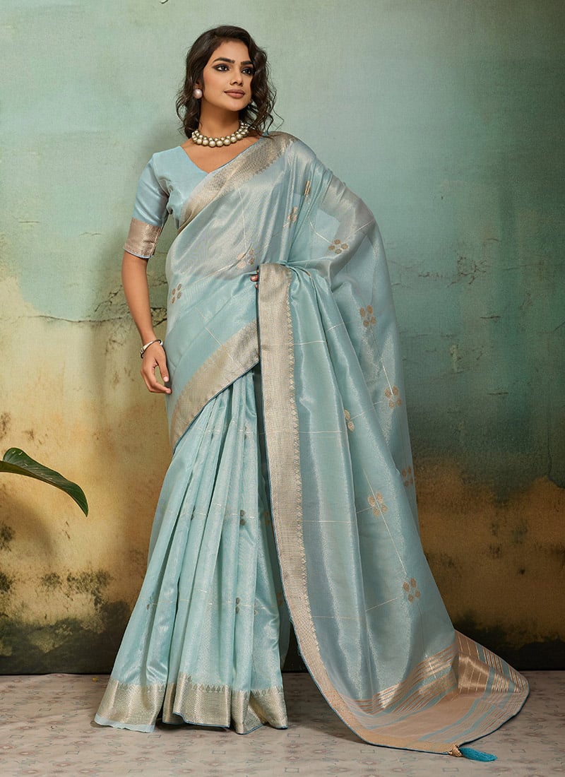 Sky Blue Zari Saree Festive Wear